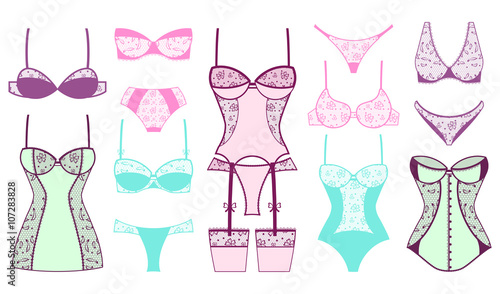 Female fashion lacy bra and panties. Vector illustration