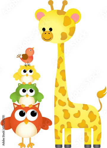Cute giraffe with owls and bird  