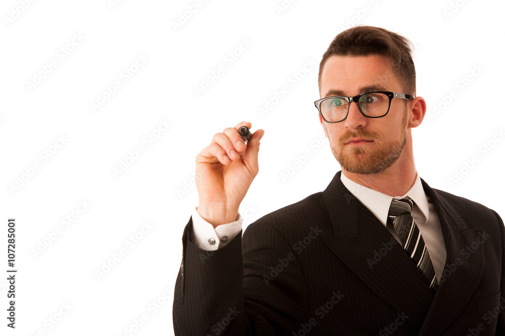 Happy young businessman in suit and tie presenting, promoting, a Happy young businessman in suit and tie presenting, promoting, a