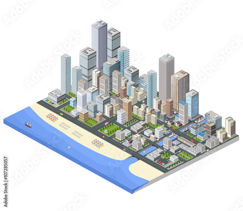 Isometric city. Skyscrapers, houses and streets in the metropolis isometric view.