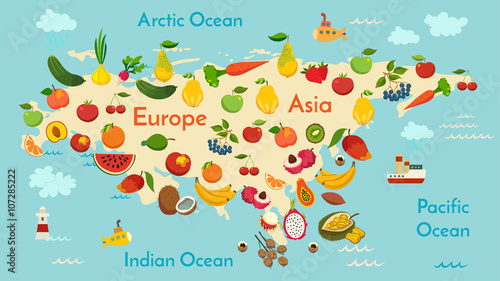 Fototapeta Naklejka Na Ścianę i Meble -  Fruit world map, Eurasia. Vector illustration, preschool, baby, continents, oceans, drawn, Earth.