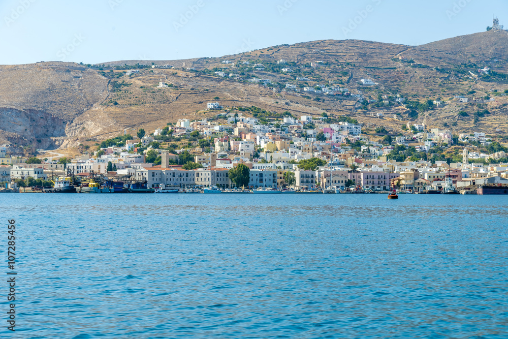 Entering the port of Syros, Cyclades. Panoramic view of the trad