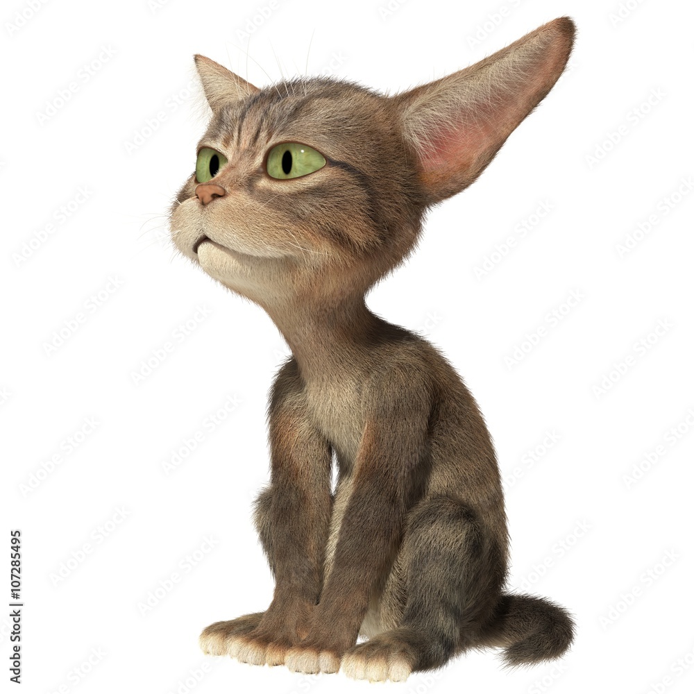 Fluffy kitten sits and looks at you. 3d illustration. Isolated white background. Fluffy kitten sits and looks at you. 3d illustration. Isolated white background.
