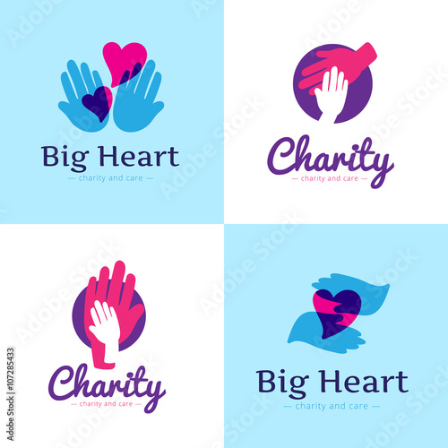 Vector set of clean charity center logos. Hospital logos with hands and heart