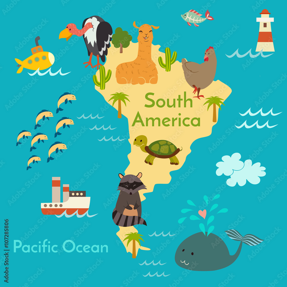 Animals world map, Sorth America. Vector illustration, preschool, baby ...