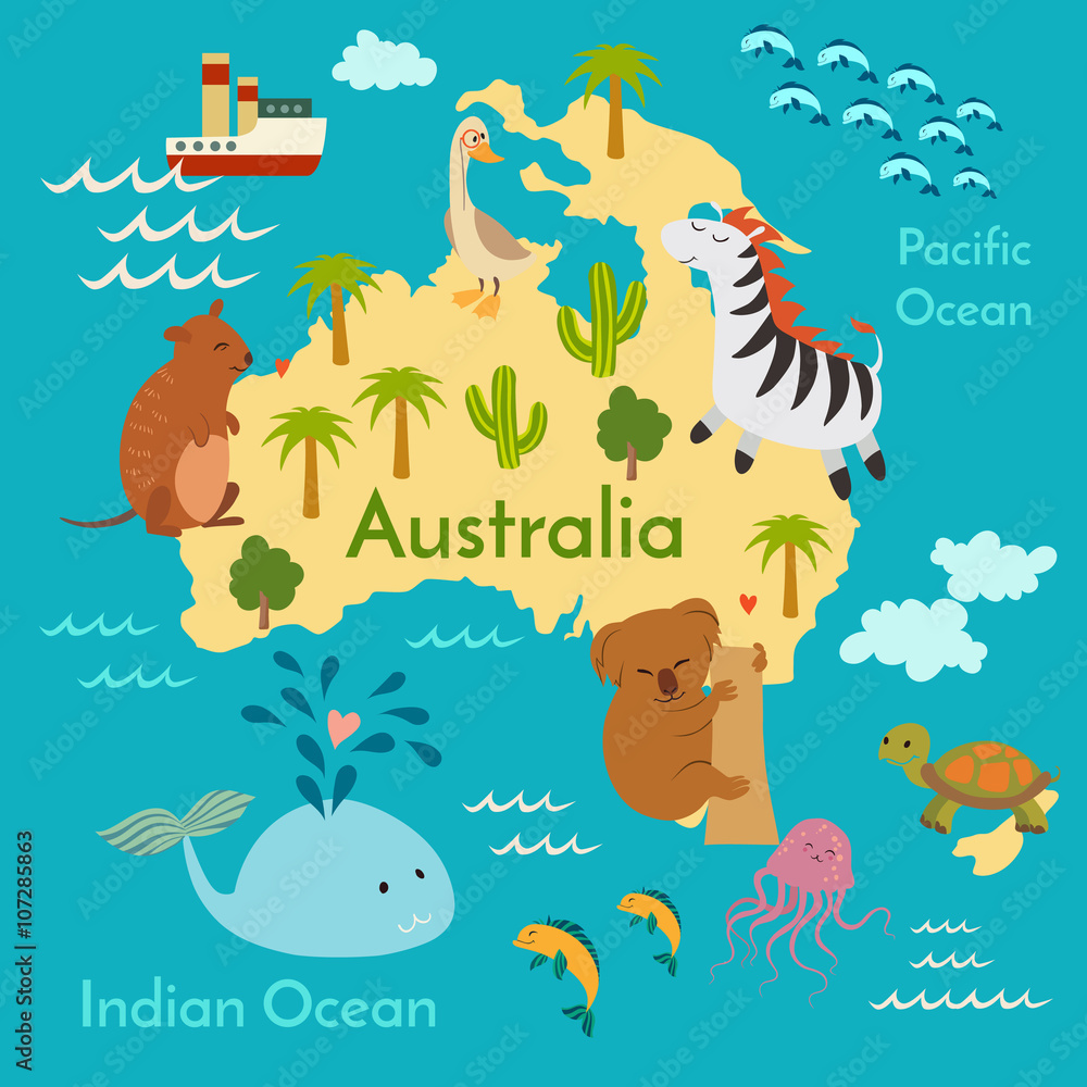 Animals world map, Australia. Vector illustration, preschool, baby, continents, oceans, drawn, Earth. Stock Vector | Adobe Stock Animals world map, Australia. Vector illustration, preschool, baby, continents, oceans, drawn, Earth. Stock Vector | Adobe Stock