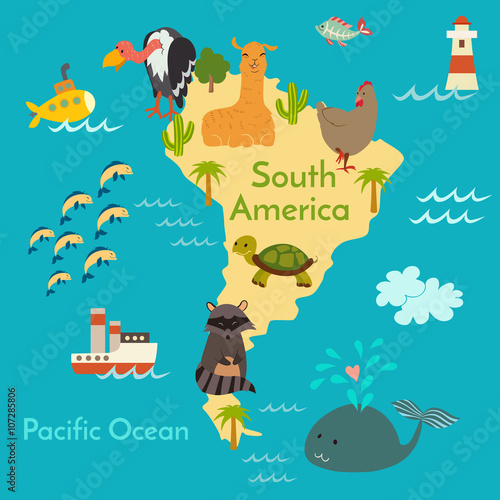 Animals world map  Sorth America. Vector illustration  preschool  baby  continents  oceans  drawn  Earth.