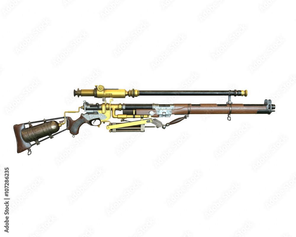 Steampunk rifle parts concept 3D illustration