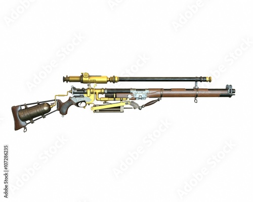 Steampunk rifle parts concept 3D illustration