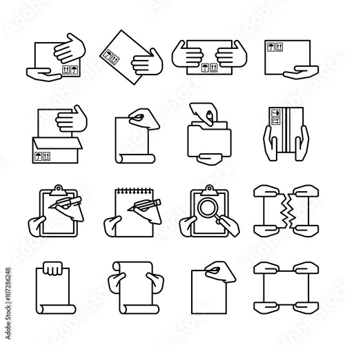 Sixteen flat style black outline computer icons isolated on whit
