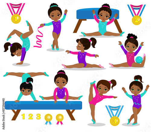 Gymnastics cute multicultural girls set. Vector illustration.