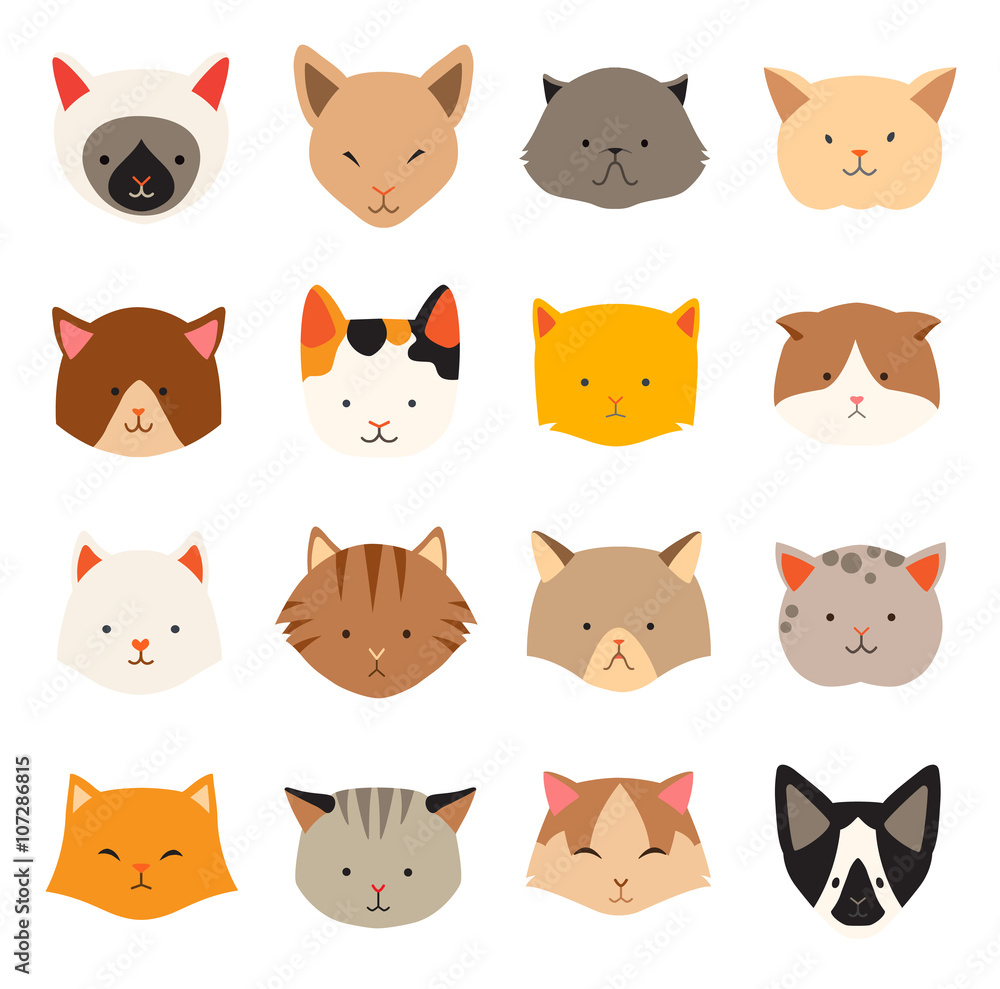 Cat icons head, breed cats. Cute kitties, animal's head logo. Cats