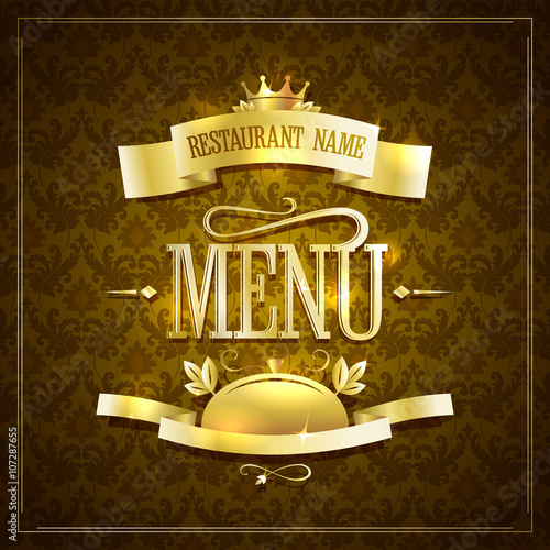Vintage style restaurant menu design with golden ribbons against brown backdrop