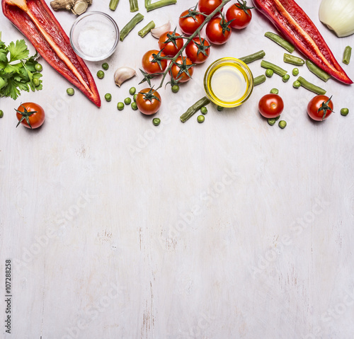 Healthy foods, cooking and vegetarian concept summer vegetables border ,place for text on wooden rustic background top view