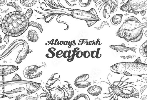 menu restaurant seafood. hand drawn collection of food. design template flyer, banner, card. vector illustration