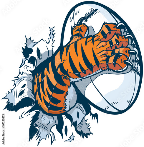 Tiger Paw Gripping Rugby Ball Ripping Out of Background