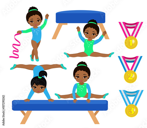 Gymnastics cute multicultural girls set. Vector illustration.