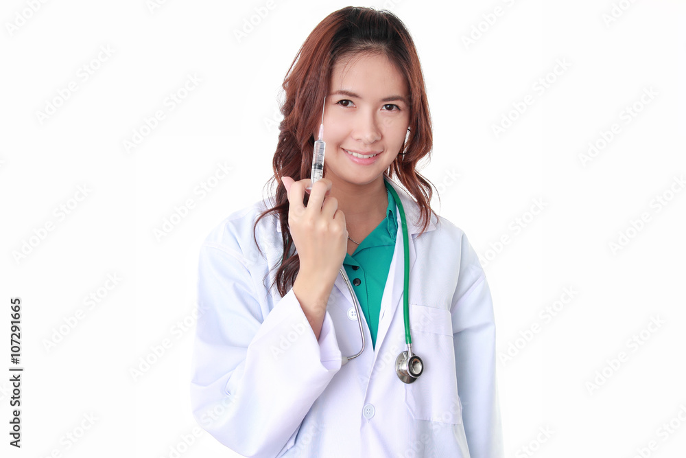 woman doctor with syringe isolated white background woman doctor with syringe isolated white background