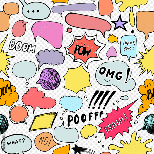 Tapety Bezszwowy deseniowy tło z handdrawn komiks mową gulgocze, wektorowa ilustracja
