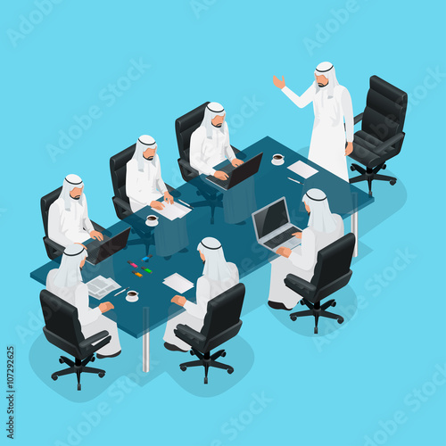 Business meeting concept, International Business, Arabic businessman presenting his ideas to colleagues for success investments at bright modern office room. 3d flat isometric vector illustration.