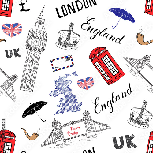 Tapety Londyn miasto gryzmoły elementów wzór. z ręcznie rysowane wieża mostu, korony, big Bena, czerwony autobus, mapa Wielkiej Brytanii, flaga i napis, ilustracji wektorowych na białym tle