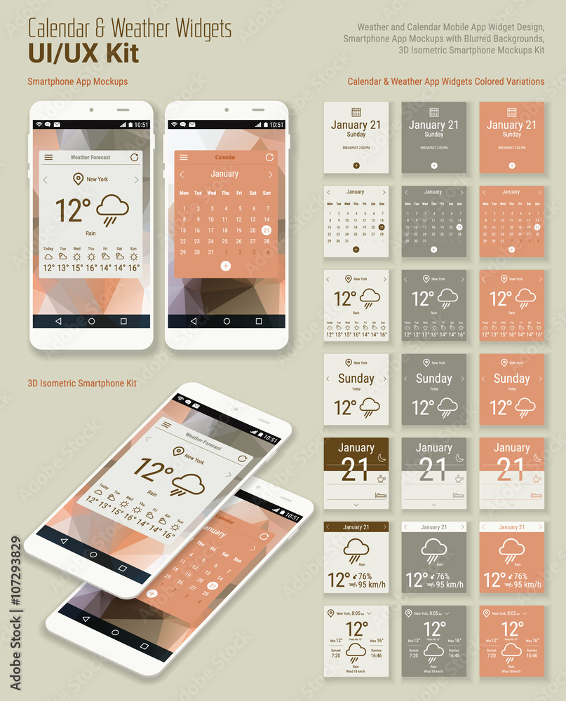 Calendar and Weather Mobile App Widgets UI Designs with Smartphone ...