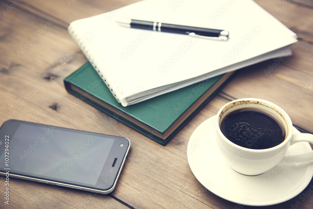 notebook, pen, coffee and phone notebook, pen, coffee and phone