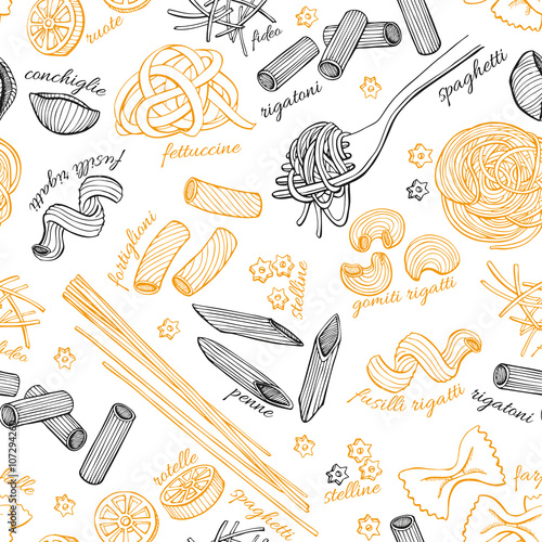 Vector hand drawn pasta pattern. Vintage line art illustration.