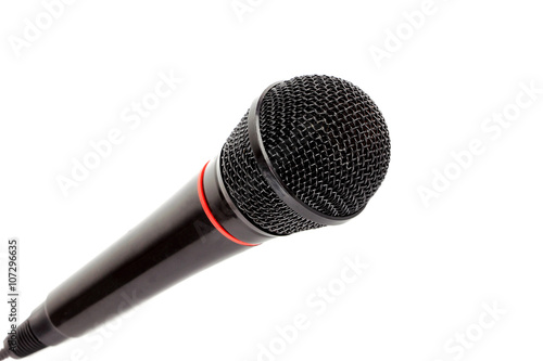 Closeup black microphone on white background