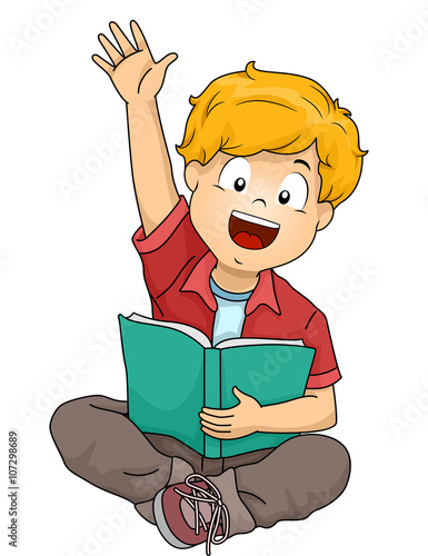 Kid Boy Book Raise Hand