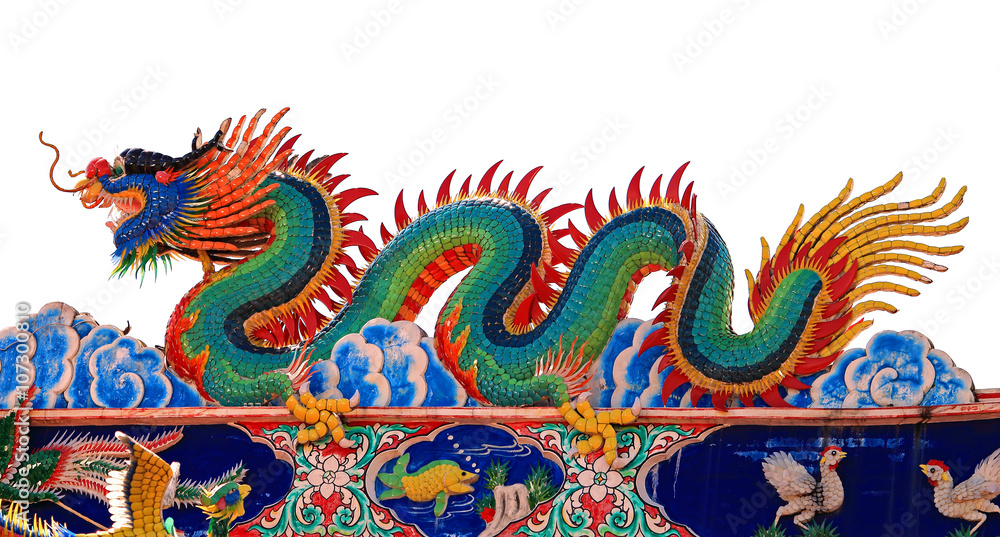 Chinese style dragon statue on the roof white isolated backgroun