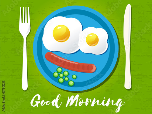 Good morning phrase. Breakfast omelet. Vector illustration.