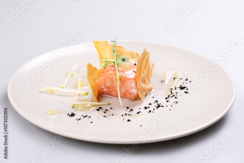 Fototapeta Naklejka Na Ścianę i Meble -  Smoked salmon and sauce cooked by molecular gastronomy technic