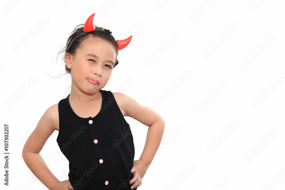 Scary cute little asian girl in black Halloween costume Scary cute little asian girl in black Halloween costume