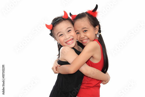 Scary cute little asian girl best friend in black and red Hallow