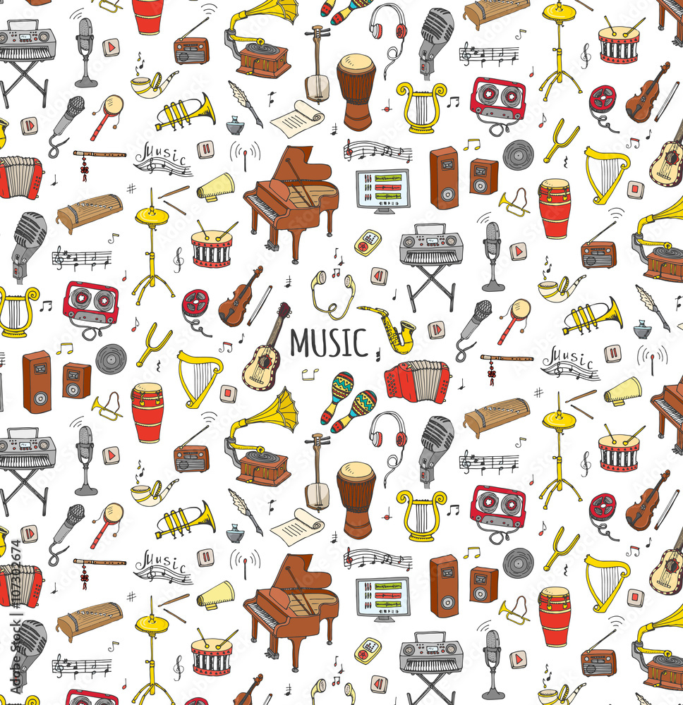 Seamless background hand drawn doodle Music set Vector illustration musical instrument, symbols icons collections Cartoon sound elements Piano Guitar Violin Trumpet Drum Gramophone Saxophone Harp Seamless background hand drawn doodle Music set Vector illustration musical instrument, symbols icons collections Cartoon sound elements Piano Guitar Violin Trumpet Drum Gramophone Saxophone Harp