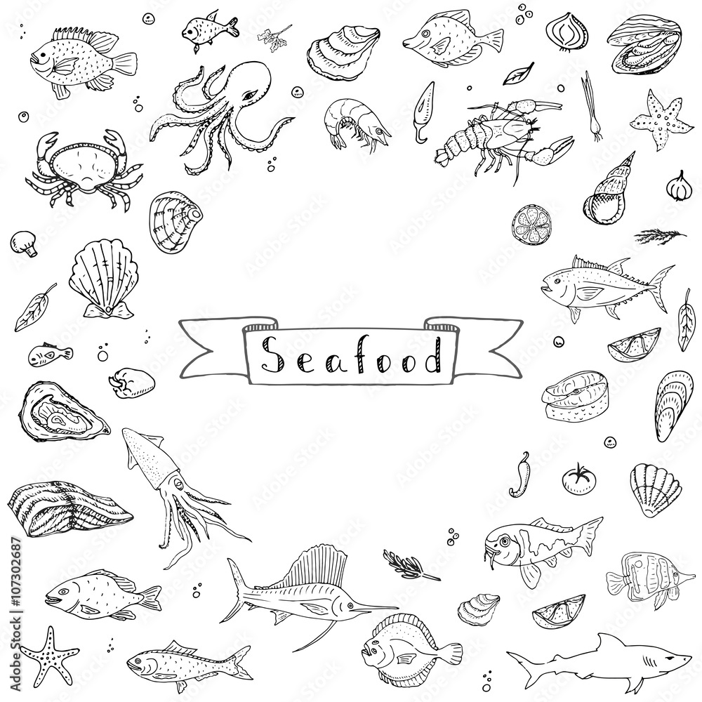 Fototapeta Hand drawn doodle Seafood icons set Vector illustration seafood symbols collection Cartoon fish Crab Seafood platter Lobster Oyster Shrimp Shellfish Shrimp on white background for your menu or design