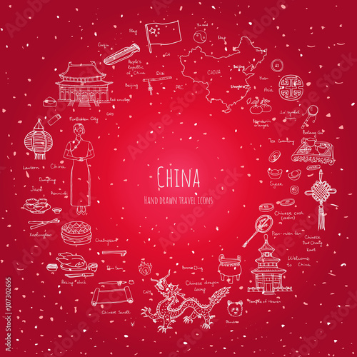 Hand drawn doodle China icons collection Vector illustration Sketchy Chinese icons set Big set of icons for Welcome to China Concept Tea Ceremony Chinese food National costume Lantern Dim Sum Dragon