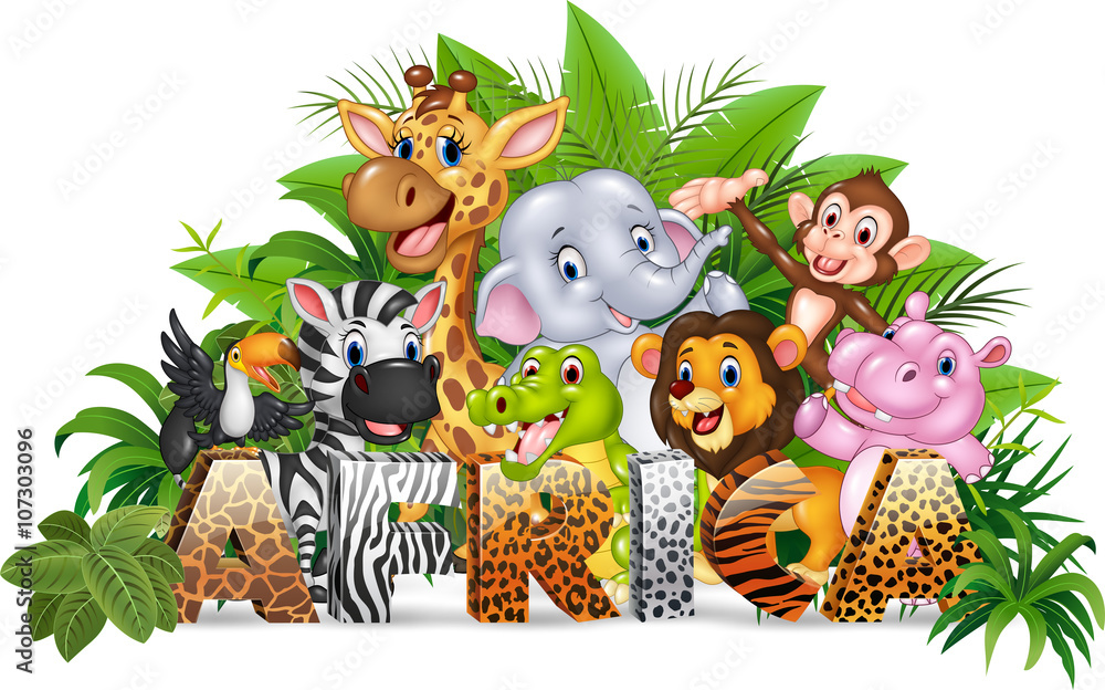 Fototapeta premium Word Africa with funny cartoon wild animal 