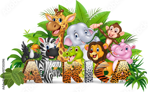 Fototapeta Naklejka Na Ścianę i Meble -  Word Africa with funny cartoon wild animal
