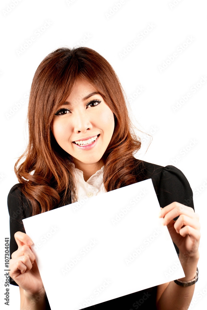 young attractive asian woman holding blank white board young attractive asian woman holding blank white board