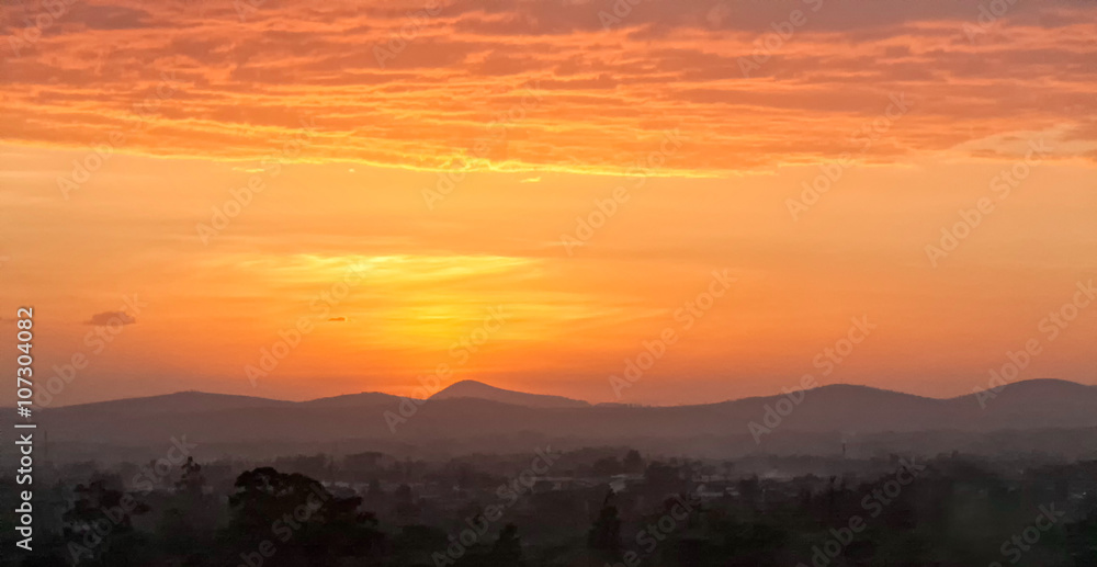 Bright evening glow over mountains. Arusha, Tanzania.
