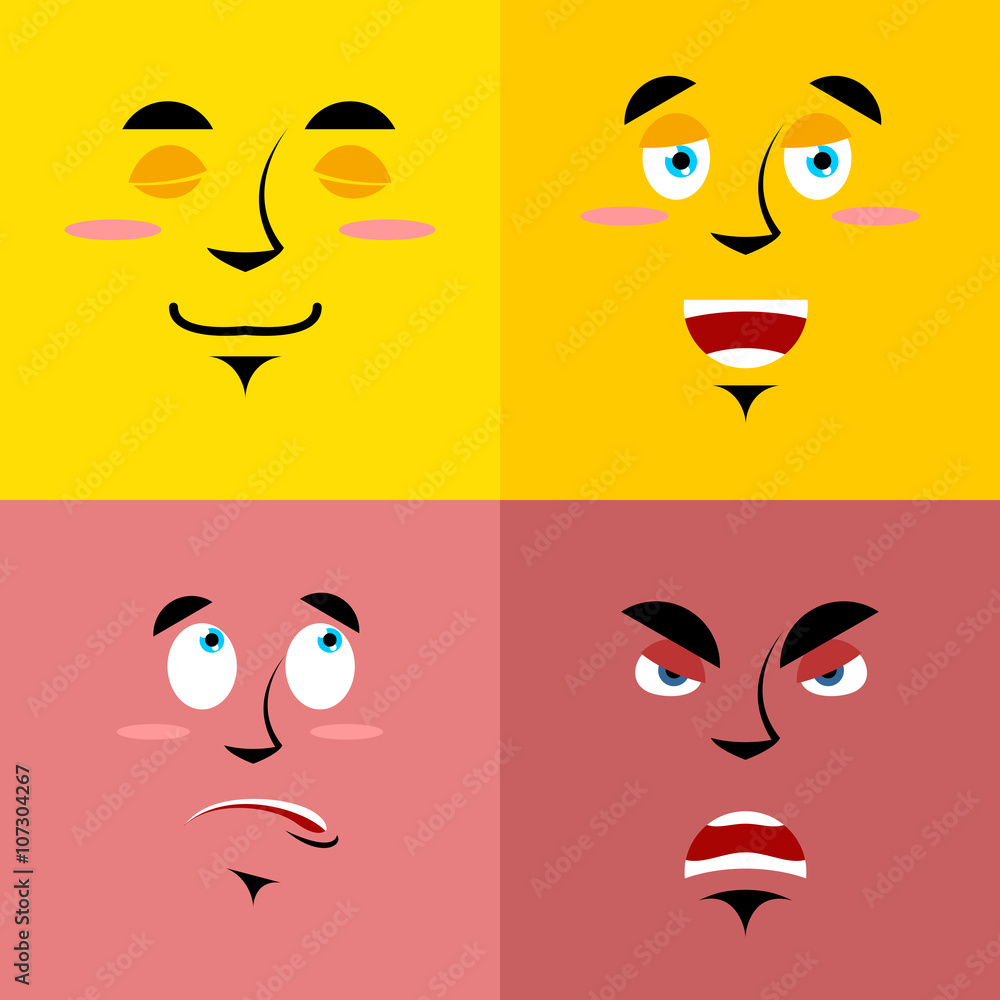 Set of cartoon face with emotions. Red evil character. Yellow ki Set of cartoon face with emotions. Red evil character. Yellow ki