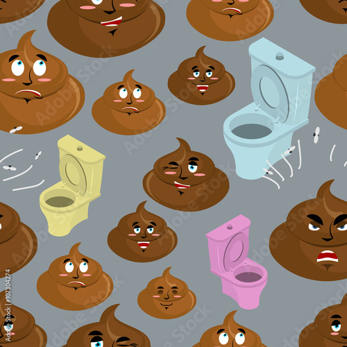 Shit and toilet seamless pattern. Turd with emotions on face orn