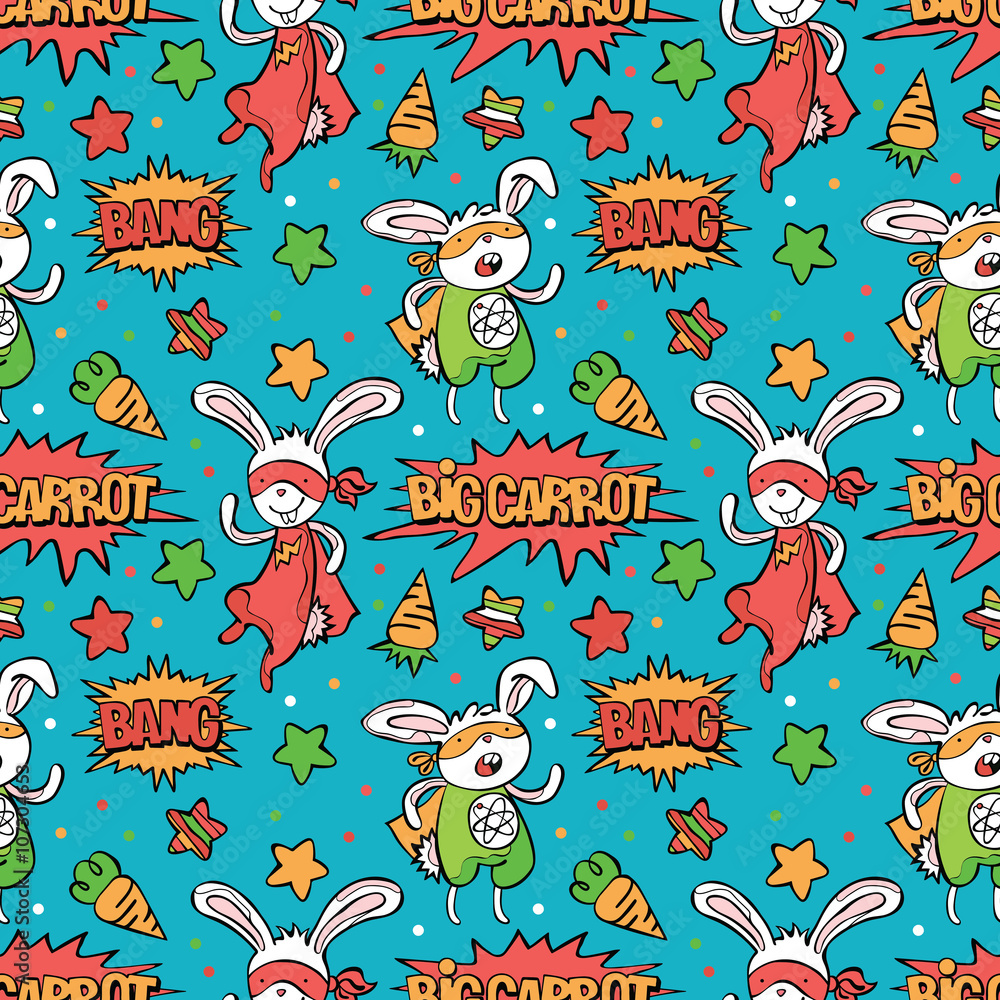 Superhero. Bunny. Carrot. Asterisk. Dialog cloud - Bang! Big carrot! Vector seamless pattern (background). Color bright picture.