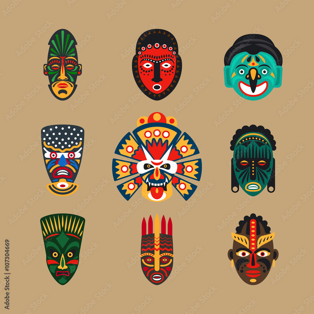 Ethnic mask icons or inca flat masks. Tribal ethnic masks vector  illustration Stock Vector | Adobe Stock