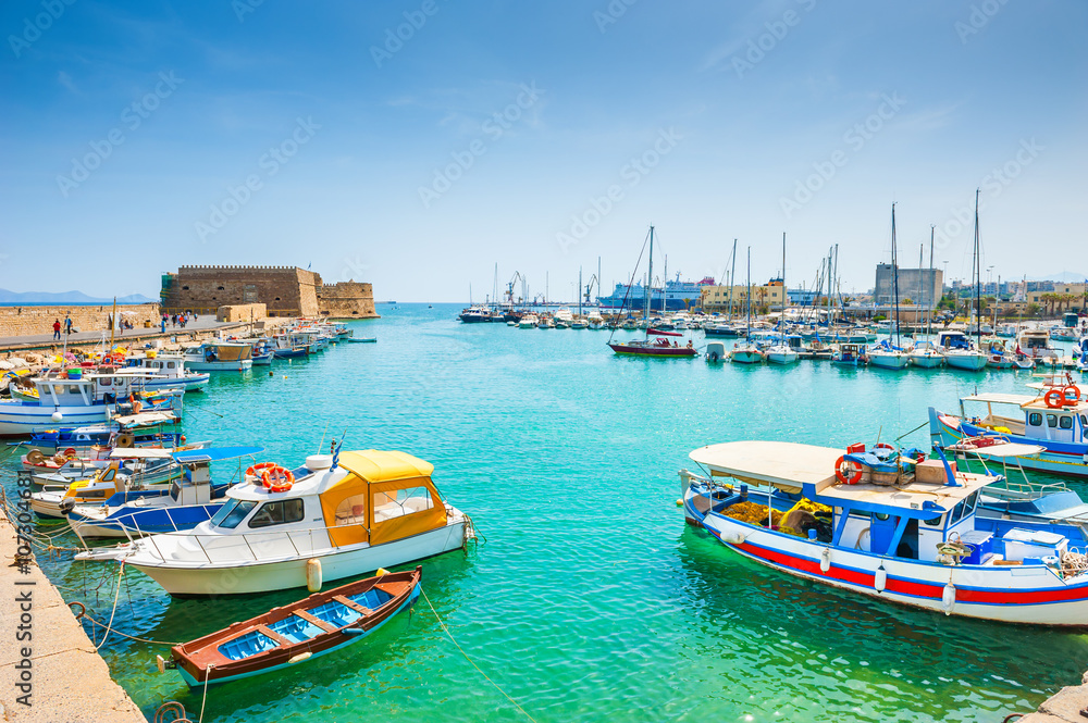 Old port with boats in Heraklion, Crete