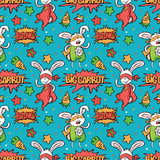Superhero. Bunny. Carrot. Asterisk. Dialog cloud - Bang! Big carrot! Vector seamless pattern (background). Color bright picture.