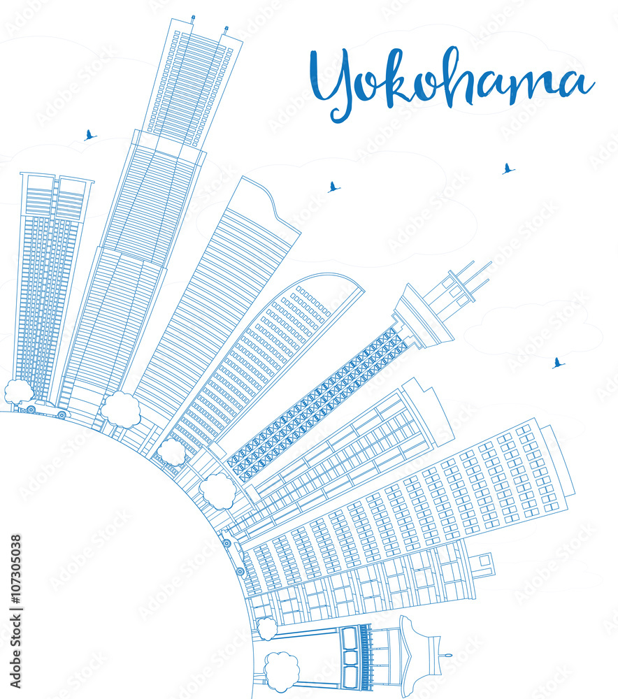 Outline Yokohama with Blue Buildings and Copy Space.