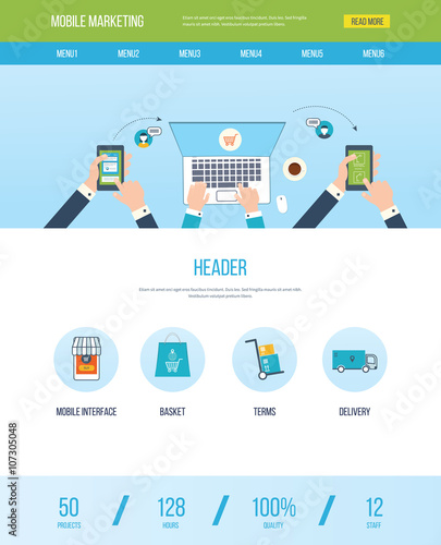 One page web design template with icons of mobile marketing. 